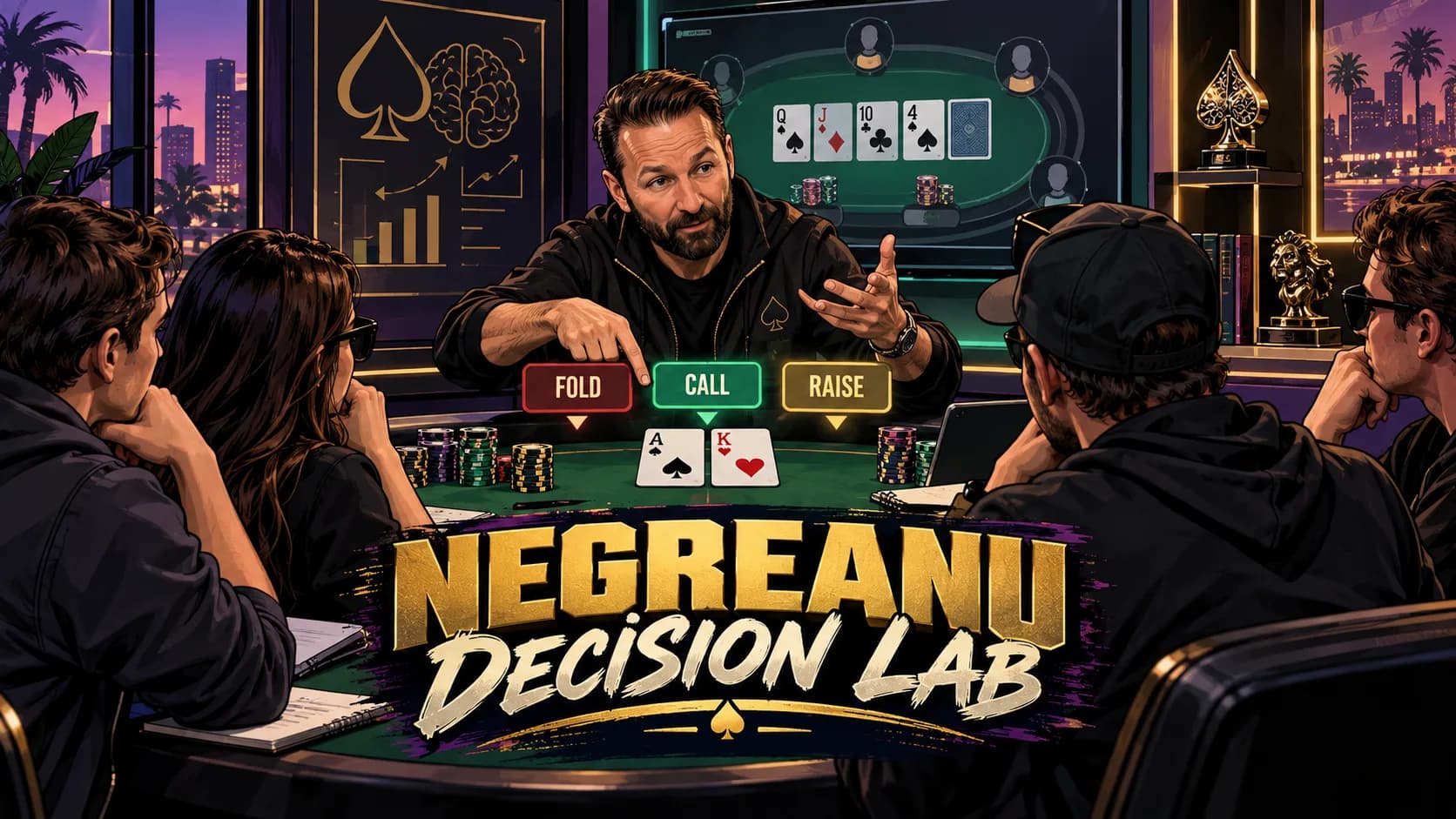 A plum poker chip before two blank cards on a dark abstract stage