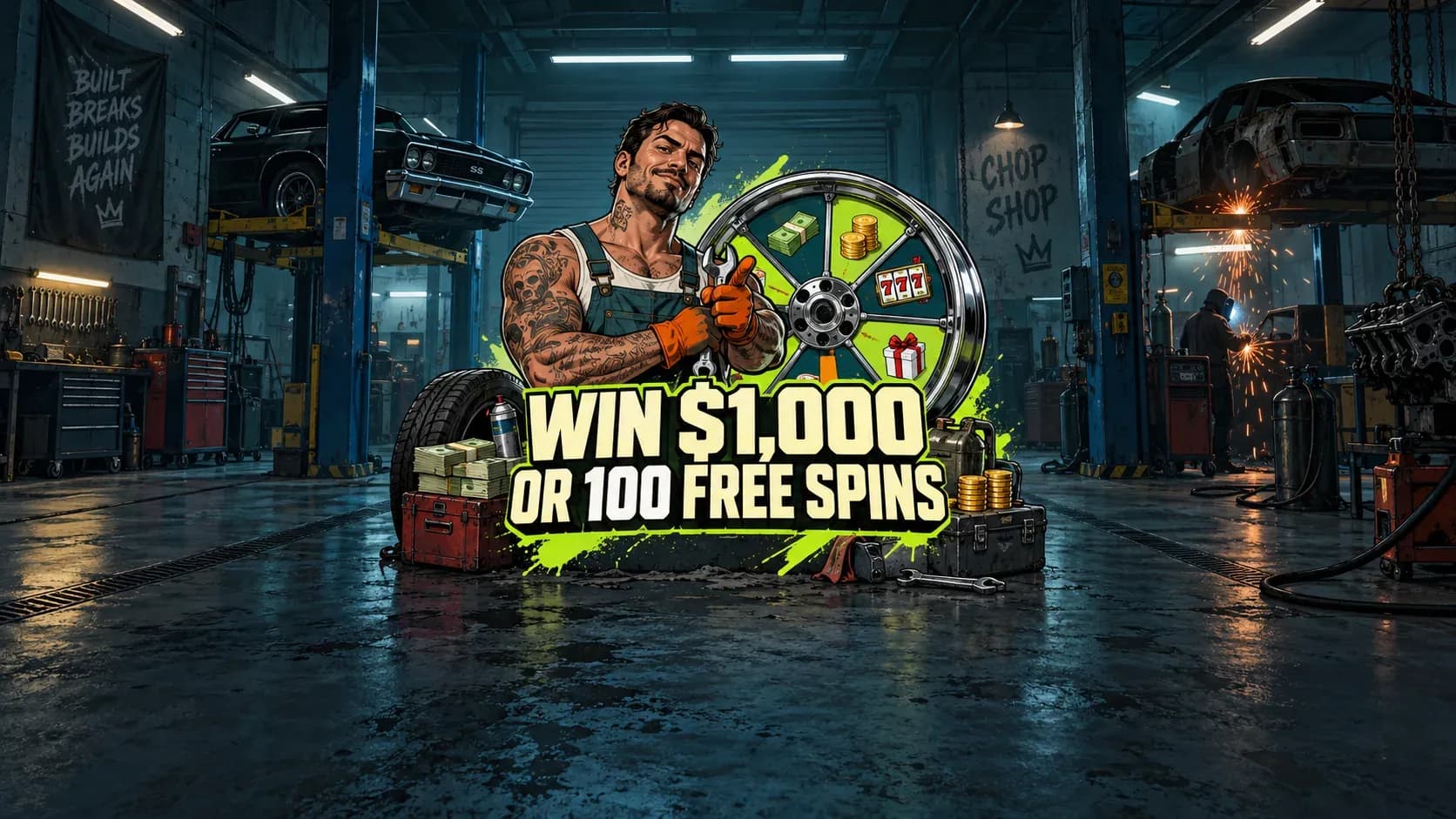 A glowing reward wheel shaped like a custom car rim inside a neon Vice City chop shop