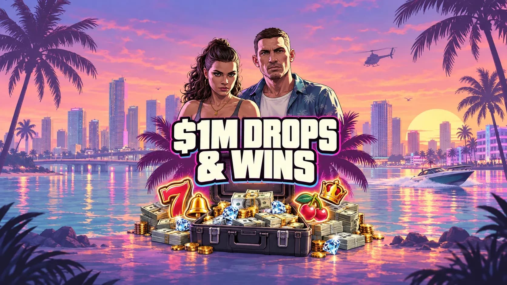 Lucia and Jason under a neon GTA VI sign as cash falls across the Vice City beachfront
