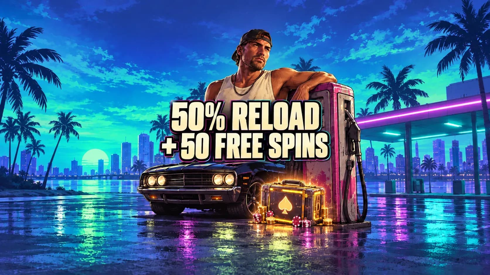 Jason beside a muscle car at a neon-lit Vice City gas station