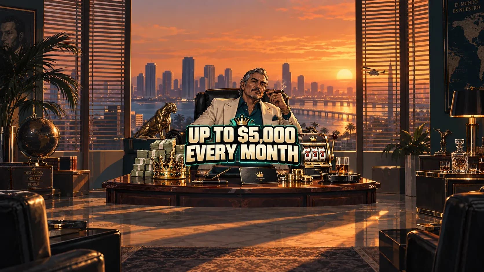 A golden Kingpin crown, stacks of cash, and a high-rise Vice City office at sunset