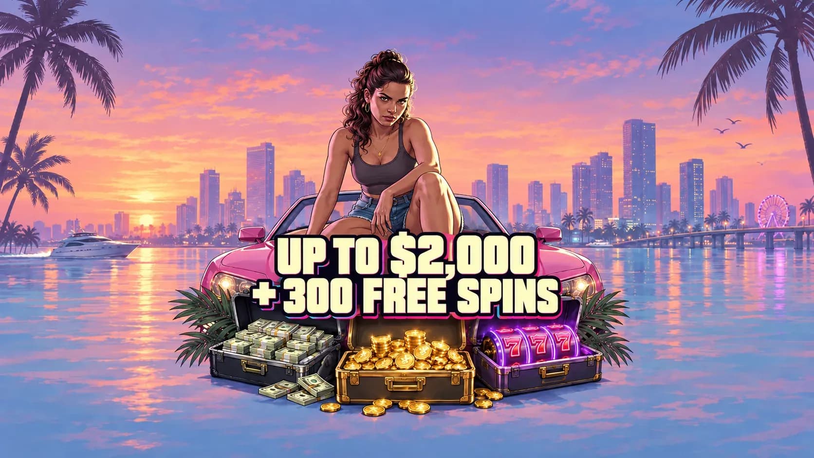 Lucia standing beside a sports car with cash, palm trees, and a neon Vice City sunset