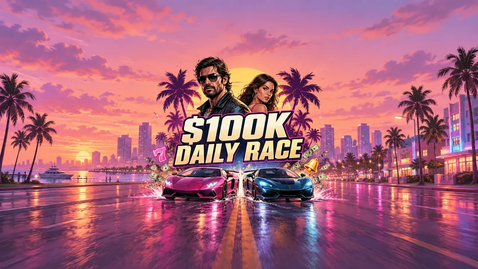 Sports cars racing through a neon Vice City boulevard beside a glowing leaderboard