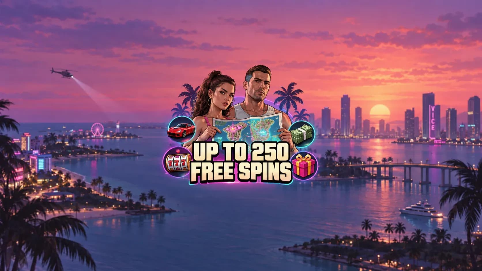 A neon Vice City map marked with slot missions, rewards, cars, and palm trees