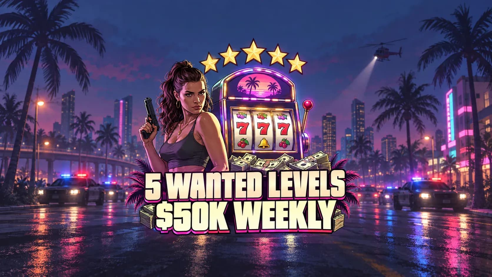 Five wanted stars, a target multiplier, police lights, and a speeding car in Vice City
